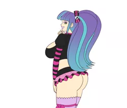 Size: 1280x1096 | Tagged: suggestive, artist:annon, derpibooru import, part of a set, pixel pizazz, equestria girls, bimbo, bimboification, breast expansion, breasts, butt expansion, clothes, explicit source, eyeliner, female, growth, image, jpeg, lipstick, makeup, microskirt, solo, solo female, stockings, transforming clothes