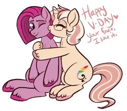 Size: 750x657 | Tagged: safe, artist:lulubell, derpibooru import, pinkie pie, oc, oc:lulubell, bubble berry, bubblini davinci berry, canon x oc, kissing, kiss on the cheek, pinkamena diane pie, rule 63, shipping, simple background, transparent background