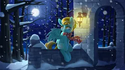 Size: 1920x1080 | Tagged: safe, artist:pusspuss, derpibooru import, lightning dust, pegasus, pony, clothes, cover art, fanfic art, female, full moon, looking back, mare, moon, night, scarf, scenery, sitting, snow, snowfall, solo, tree, wallpaper