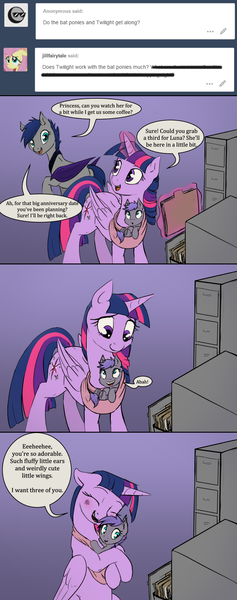 Size: 1280x3245 | Tagged: safe, artist:ask-bluehorizon, artist:silfoe, derpibooru import, edit, twilight sparkle, twilight sparkle (alicorn), oc, oc:evening melody, alicorn, bat pony, pony, royal sketchbook, comic, cute, dialogue, female, filly, hug, mare