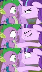 Size: 1544x2600 | Tagged: safe, artist:titanium-pony, derpibooru import, edit, edited screencap, screencap, spike, starlight glimmer, twilight sparkle, twilight sparkle (alicorn), alicorn, dragon, pony, unicorn, the cutie re-mark, aroused, awkward, backpack, bedroom eyes, comic, female, flirting, intimidating, love, male, mare, nervous, personal space invasion, screencap comic, shipping, smiling, sparlight, straight, threatening, when she smiles