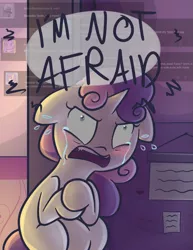 Size: 1005x1300 | Tagged: safe, artist:spikedmauler, derpibooru import, sweetie belle, crying, denial, floppy ears, go ask sweetie belle, scared, solo, speech bubble, tumblr