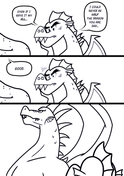 Size: 600x854 | Tagged: artist:queencold, black and white, comic, derpibooru import, dialogue, dragon, dragon oc, father, father and son, garble, grayscale, monochrome, oc, oc:maximus, parent, safe, simple background, teenaged dragon, white background