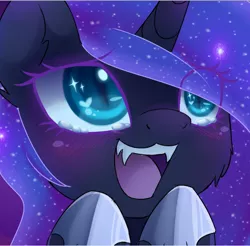 Size: 702x691 | Tagged: safe, artist:magnaluna, derpibooru import, edit, nightmare moon, pony, blushing, bust, cheek fluff, chibi, cropped, cute, fangs, filly, hoof shoes, missing accessory, moonabetes, nightmare woon, open mouth, portrait, solo, starry eyes, teary eyes, woona