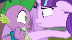 Size: 1544x867 | Tagged: safe, derpibooru import, edit, edited screencap, screencap, spike, starlight glimmer, twilight sparkle, twilight sparkle (alicorn), alicorn, dragon, pony, unicorn, the cutie re-mark, awkward, backpack, bedroom eyes, comic, evil, evil grin, female, flirting, love, male, mare, nervous, personal space invasion, revenge, screencap comic, shipping, smiling, sparlight, straight, this will end in kisses, when she smiles