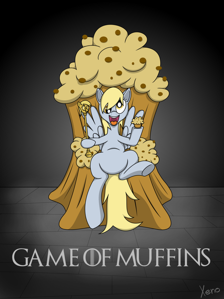 Size: 900x1200 | Tagged: safe, artist:the1xeno1, derpibooru import, derpy hooves, pegasus, pony, female, food, game of thrones, mare, muffin, parody, scepter, solo, that pony sure does love muffins