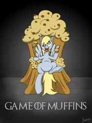 Size: 900x1200 | Tagged: safe, artist:the1xeno1, derpibooru import, derpy hooves, pegasus, pony, female, food, game of thrones, mare, muffin, parody, scepter, solo, that pony sure does love muffins