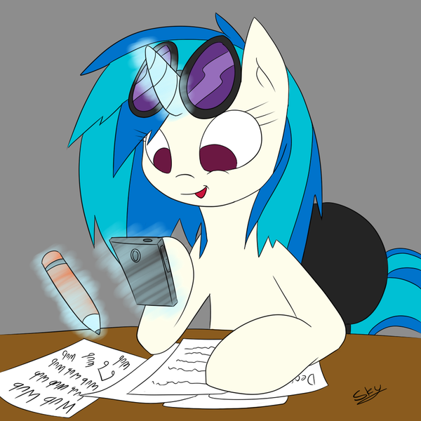 Size: 1024x1024 | Tagged: safe, artist:artponie, derpibooru import, vinyl scratch, unicorn, chair, female, glowing horn, iphone, lyrics, magic, mare, mobile phone, no catchlights, no pupils, paper, pencil, phone, solo, telekinesis, text, working, wub