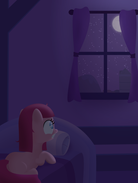 Size: 3034x4000 | Tagged: artist:mahaugher, curtains, derpibooru import, filly, lineless, looking up, moon, night, pillow, pinkie pie, safe, scared, solo, window, younger