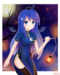 Size: 1024x1280 | Tagged: artist:vanillafox2035, cheongsam, chinese new year, clothes, derpibooru import, dress, horned humanization, human, humanized, looking at you, lunar new year, panties, princess luna, safe, side knot underwear, side slit, socks, solo, thigh highs, underwear, white underwear, winged humanization