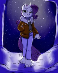 Size: 811x1024 | Tagged: anthro, artist:companioncube, artist:kuroi-wolf, barefoot, barefooting, blushing, clothes, colored, derpibooru import, feet, fetish, foot fetish, footprint, plantigrade anthro, rarity, safe, smug, snow, snowfall, solo, source needed, toes, useless source url, winter, winter outfit