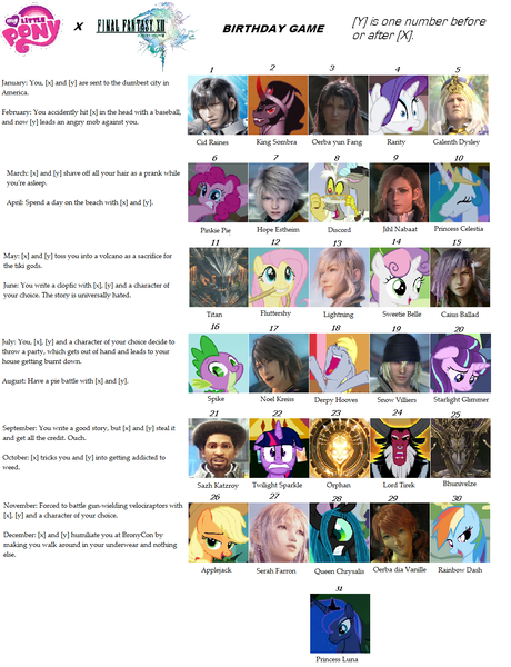 Size: 1150x1499 | Tagged: applejack, bhunivelze, birthday game, caius ballad, cid raines, derpibooru import, derpy hooves, discord, exploitable meme, final fantasy, final fantasy xiii, final fantasy xiii-2, fluttershy, galenth dysley, hope estheim, jihl nabaat, king sombra, lightning farron, lightning returns: final fantasy xiii, lord tirek, meme, noel kreiss, oerba dia vanille, oerba yun fang, orphan, pinkie pie, princess celestia, princess luna, queen chrysalis, rainbow dash, rarity, safe, sazh katzroy, serah farron, snow villiers, spike, starlight glimmer, sweetie belle, text, titan, twilight sparkle, wall of tags