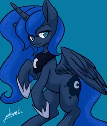 Size: 869x1024 | Tagged: safe, artist:yukimaki, derpibooru import, princess luna, alicorn, pony, blue background, female, mare, signature, simple background, solo