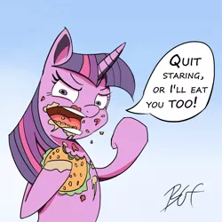 Size: 1000x1000 | Tagged: safe, artist:bgf, artist:bof, derpibooru import, twilight sparkle, pony, unicorn, angry, annoyed, burger, death threat, filthy, food, hay burger, implied vore, looking at you, messy eating, omnivore twilight, ponies eating meat, simple background, solo, speech bubble, threat, twilight burgkle