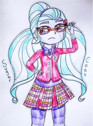 Size: 950x1287 | Tagged: safe, artist:blazingdazzlingdusk, derpibooru import, sugarcoat, equestria girls, friendship games, clothes, crystal prep academy uniform, crystal prep shadowbolts, drawing, glasses, hand on hip, school uniform, solo, traditional art