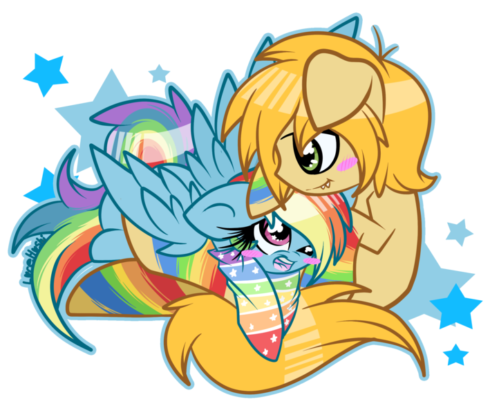 Size: 2500x2116 | Tagged: safe, artist:starlightlore, derpibooru import, rainbow dash, oc, canon x oc, clothes, cuddling, rainbow socks, shipping, simple background, snuggling, socks, stars, striped socks, transparent background