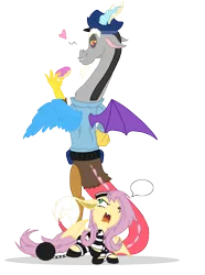 Size: 716x960 | Tagged: safe, artist:kyumiku, derpibooru import, discord, fluttershy, bat pony, draconequus, pony, arrested, ball and chain, clothes, discobat, discop, discoshy, female, flutterbat, male, officer discord, police, prison outfit, shipping, straight