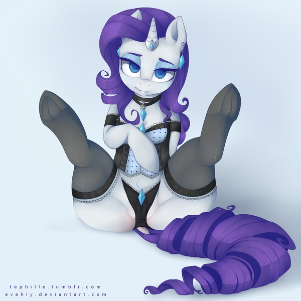 Size: 1500x1500 | Tagged: questionable, artist:evehly, derpibooru import, edit, rarity, pony, unicorn, anus cameltoe, bedroom eyes, cameltoe, choker, clothes, corset, dock, earring, female, horn ring, legs in air, lingerie, looking at you, mare, panties, piercing, presenting, solo, solo female, stockings, underhoof, underwear