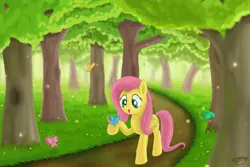 Size: 1024x683 | Tagged: artist:emeraldgalaxy, butterfly, derpibooru import, fluttershy, folded wings, forest, raised hoof, safe, solo, standing