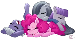 Size: 900x460 | Tagged: safe, artist:emberfan11, derpibooru import, limestone pie, marble pie, maud pie, pinkie pie, earth pony, pony, clothes, cuddle puddle, cuddling, eyes closed, female, hair over one eye, leaning, mare, open mouth, pie pile, pie sisters, pony pile, prone, simple background, sleeping, smiling, transparent background
