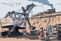 Size: 1600x1080 | Tagged: artist:agm, derpibooru import, excavator, industrial, quarry, safe, train, truck