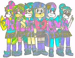 Size: 755x581 | Tagged: safe, artist:mariosonicmoon, derpibooru import, indigo zap, lemon zest, sour sweet, sugarcoat, sunny flare, twilight sparkle, anthro, plantigrade anthro, equestria girls, friendship games, crystal prep shadowbolts, request, shadow six, sonic the hedgehog (series), sonicified, traditional art