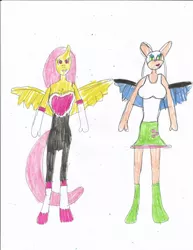 Size: 1700x2200 | Tagged: safe, artist:justinandrew1984-01, derpibooru import, fluttershy, anthro, bat pony, clothes swap, crossover, equestria girls outfit, flutterbat, rouge the bat, sonic the hedgehog (series), traditional art