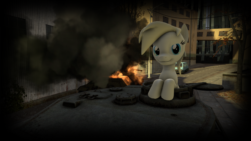 Size: 3840x2160 | Tagged: safe, artist:jeff556, derpibooru import, oc, oc:aryanne, unofficial characters only, earth pony, pony, 3d, city 17, female, fire, half-life 2, looking at you, smiling, smoke, solo, source filmmaker, t-34, tank (vehicle), tiger (tank), tiger i