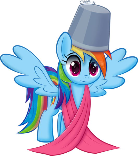 Size: 775x875 | Tagged: artist:ctb-36, bucket, bucketdash, derpibooru import, fabric, rainbow dash, safe, scene interpretation, simple background, solo, spread wings, suited for success, transparent background