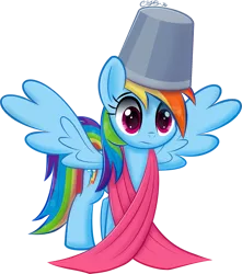 Size: 775x875 | Tagged: artist:ctb-36, bucket, bucketdash, derpibooru import, fabric, rainbow dash, safe, scene interpretation, simple background, solo, spread wings, suited for success, transparent background