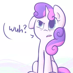 Size: 1000x1000 | Tagged: artist:spikedmauler, confused, derpibooru import, dialogue, go ask sweetie belle, reaction image, safe, sitting, solo, sweetie belle