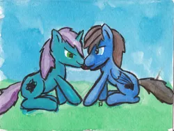 Size: 1189x893 | Tagged: safe, artist:gyrotech, deleted from derpibooru, derpibooru import, oc, oc:gyro tech, oc:seaward skies, unofficial characters only, pegasus, pony, unicorn, cute, gay, gyward, kissing, male, tongue out, traditional art, valentine's day card