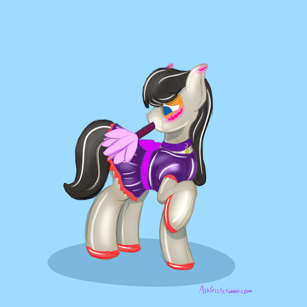 Size: 4000x4000 | Tagged: dead source, questionable, alternate version, artist:frostyb, derpibooru import, part of a set, octavia melody, oc, oc:cold front, unofficial characters only, pony, comic:the new maid, blushing, bondage, clopfic in source, clothes, dress, duster, female, latex, latex suit, living clothes, living suit, maid, male, part of a series, pvc, rubber, rule 63, solo, solo female, stallion, story in the source, transformation