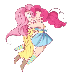 Size: 1903x2071 | Tagged: artist:pyonkotcchi, blushing, chubby, clothes, derpibooru import, dress, female, flutterpie, fluttershy, hape, hug, human, humanized, jumping, lesbian, pinkie pie, safe, shipping