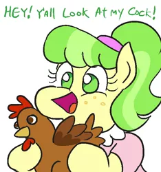 Size: 579x619 | Tagged: artist:jargon scott, chickadee, chicken, color, derpibooru import, double entendre, giant cock, ms. peachbottom, pun, rooster, safe, solo, visual pun