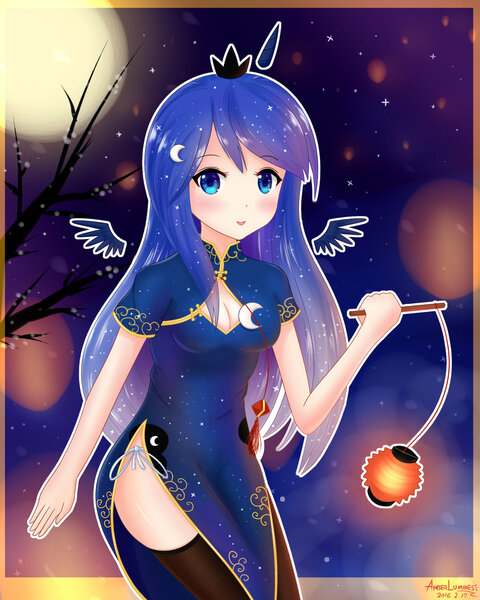 Size: 1024x1280 | Tagged: artist:vanillafox2035, cheongsam, chinese new year, cleavage, clothes, derpibooru import, dress, female, floating wings, horned humanization, human, humanized, lantern, looking at you, lunar new year, open mouth, paper lantern, princess luna, safe, side knot underwear, side slit, socks, solo, thigh highs, underwear, white underwear, winged humanization