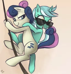 Size: 578x601 | Tagged: safe, artist:ehfa, derpibooru import, bon bon, lyra heartstrings, sweetie drops, earth pony, pony, unicorn, female, gradient background, grin, lesbian, looking back, lyrabon, mare, rope, secret agent sweetie drops, shipping, smiling, sunglasses