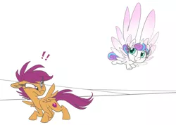 Size: 1280x912 | Tagged: artist:ponygoggles, cutie mark, derpibooru import, duo, flurry heart vs scootaloo, flying, princess flurry heart, safe, scootaloo, scootaloo can't fly, simple background, spoiler:s06, the cmc's cutie marks, white background, wing envy