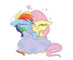 Size: 756x623 | Tagged: safe, artist:ponygoggles, derpibooru import, fluttershy, rainbow dash, blanket, cute, daaaaaaaaaaaw, dashabetes, eyes closed, female, flutterdash, heart, lesbian, licking, shipping, shyabetes, snuggling, tongue out