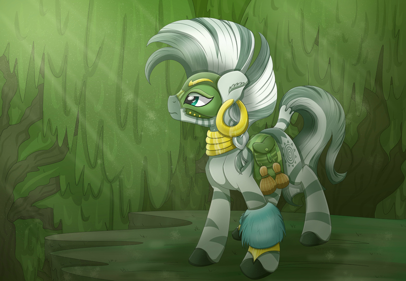 Size: 3188x2205 | Tagged: alternate timeline, artist:bratzoid, chrysalis resistance timeline, crepuscular rays, derpibooru import, everfree forest, resistance leader zecora, saddle bag, safe, solo, sun ray, the cutie re-mark, zebra, zecora