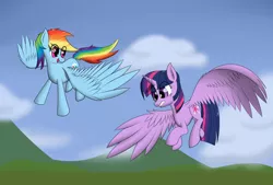 Size: 1024x692 | Tagged: safe, artist:zogzor, derpibooru import, rainbow dash, twilight sparkle, twilight sparkle (alicorn), alicorn, pegasus, pony, female, flying, flying lesson, lesbian, mare, shipping, twidash