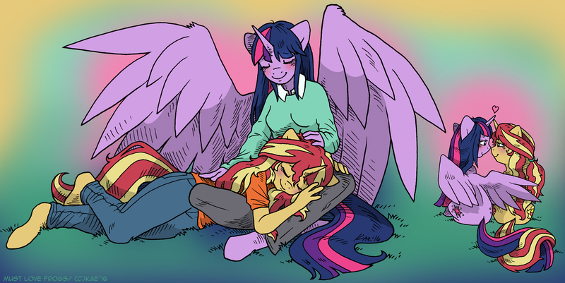 Size: 1280x642 | Tagged: safe, artist:kaemantis, deleted from derpibooru, derpibooru import, sunset shimmer, twilight sparkle, twilight sparkle (alicorn), alicorn, anthro, unguligrade anthro, unicorn, blushing, boop, breasts, clothes, couple, cuddling, cute, eyes closed, female, heart, hug, intertwined tails, kaemantis is trying to murder us, lesbian, looking at each other, noseboop, nuzzling, pants, shimmerbetes, shipping, shirt, smiling, snuggling, sunsetsparkle, twiabetes, winghug