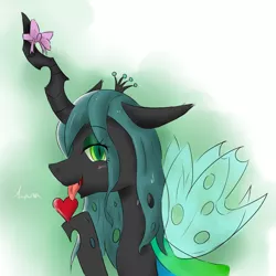 Size: 1200x1200 | Tagged: artist:kanaowo, bow, changeling, changeling queen, derpibooru import, female, heart, horn bow, queen chrysalis, safe, solo
