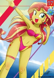 Size: 739x1055 | Tagged: suggestive, artist:the-butch-x, derpibooru import, sunset shimmer, equestria girls, armpits, bandeau, beach, beach babe, belly button, bikini, bikini babe, blushing, bracelet, breasts, busty sunset shimmer, cleavage, clothes, cloud, cute, cutie mark, cutie mark on equestria girl, earring, female, fingernails, flower, flower in hair, frilled swimsuit, garter, jewelry, legs, nail polish, ocean, open mouth, piercing, pink swimsuit, sexy, shimmerbetes, signature, smiling, solo, solo female, sparkles, stupid sexy sunset shimmer, sunshine, swimsuit, thighs, underass, water, x summer, x summer rework