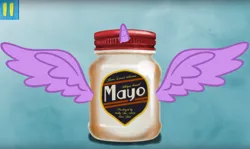 Size: 1567x933 | Tagged: safe, derpibooru import, alicorn, pony, food, horn, jar, mayonnaise, sauce, wat, wings