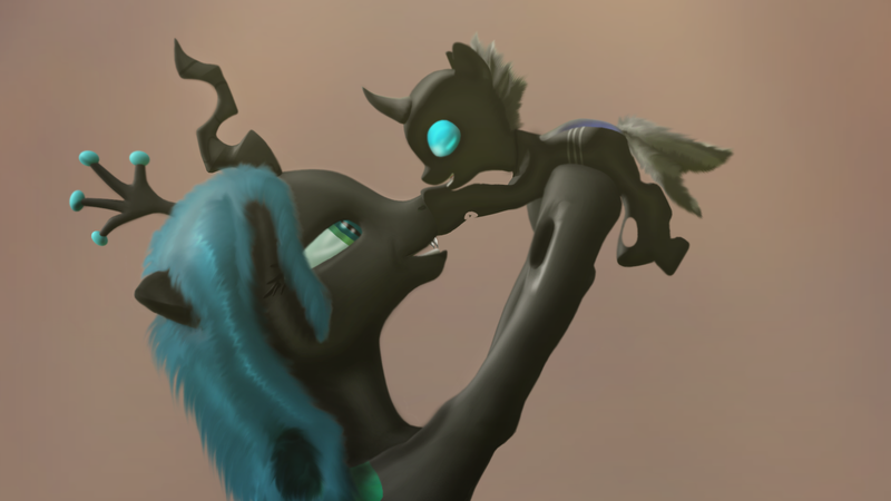 Size: 1920x1080 | Tagged: 3d, artist:skrittzs, boop, brown background, changeling, changeling queen, cute, cutealis, cuteling, derpibooru import, duo, female, looking at each other, mare, mommy chrissy, mother and child, nymph, queen chrysalis, safe, simple background, source filmmaker