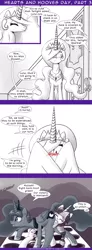 Size: 708x1920 | Tagged: suggestive, artist:deusexequus, derpibooru import, princess celestia, princess luna, twilight sparkle, twilight sparkle (alicorn), alicorn, pony, ask the princess of friendship with benefits, bait and switch, blushing, dialogue, female, hair over one eye, hearts and hooves day, lesbian, mare, monochrome, plot, shipping, speech bubble, twiluna, twister