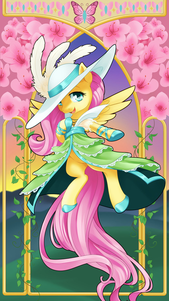 Size: 1080x1920 | Tagged: safe, artist:dstears, derpibooru import, fluttershy, pony, bipedal, clothes, dress, french haute couture, hat, lidded eyes, looking at you, solo, spread wings