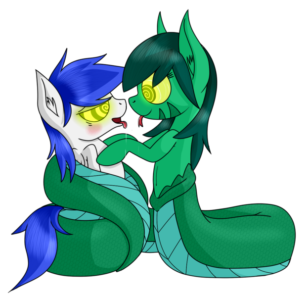 Size: 1077x1037 | Tagged: questionable, artist:spitfire740, derpibooru import, oc, oc:kharma serpentia, oc:silver sky, unofficial characters only, lamia, original species, pegasus, coils, drool, hypnosis, imminent vore, smiling, tongue out