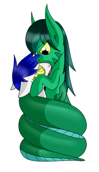 Size: 777x1353 | Tagged: questionable, artist:spitfire740, derpibooru import, oc, oc:kharma serpentia, oc:silver sky, unofficial characters only, lamia, original species, coils, drool, fetish, mind control, open mouth, smiling, tongue out, vore